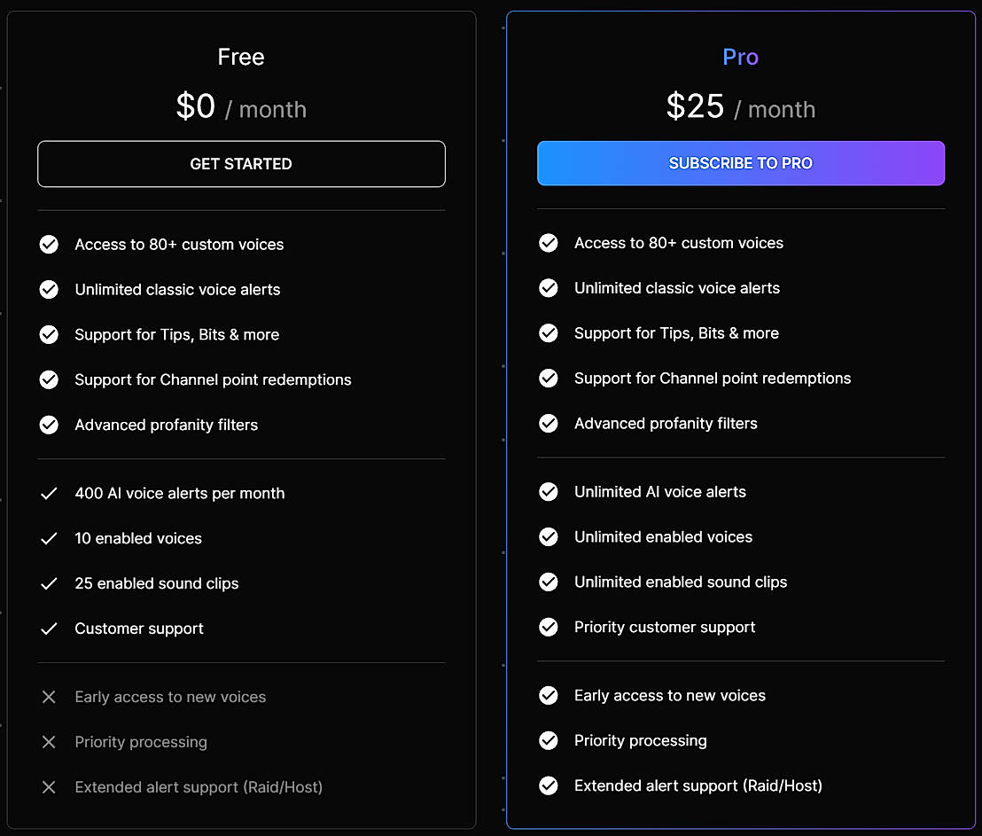 Pricing screenshot