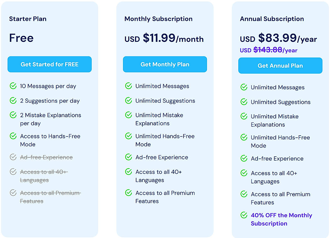 Pricing screenshot