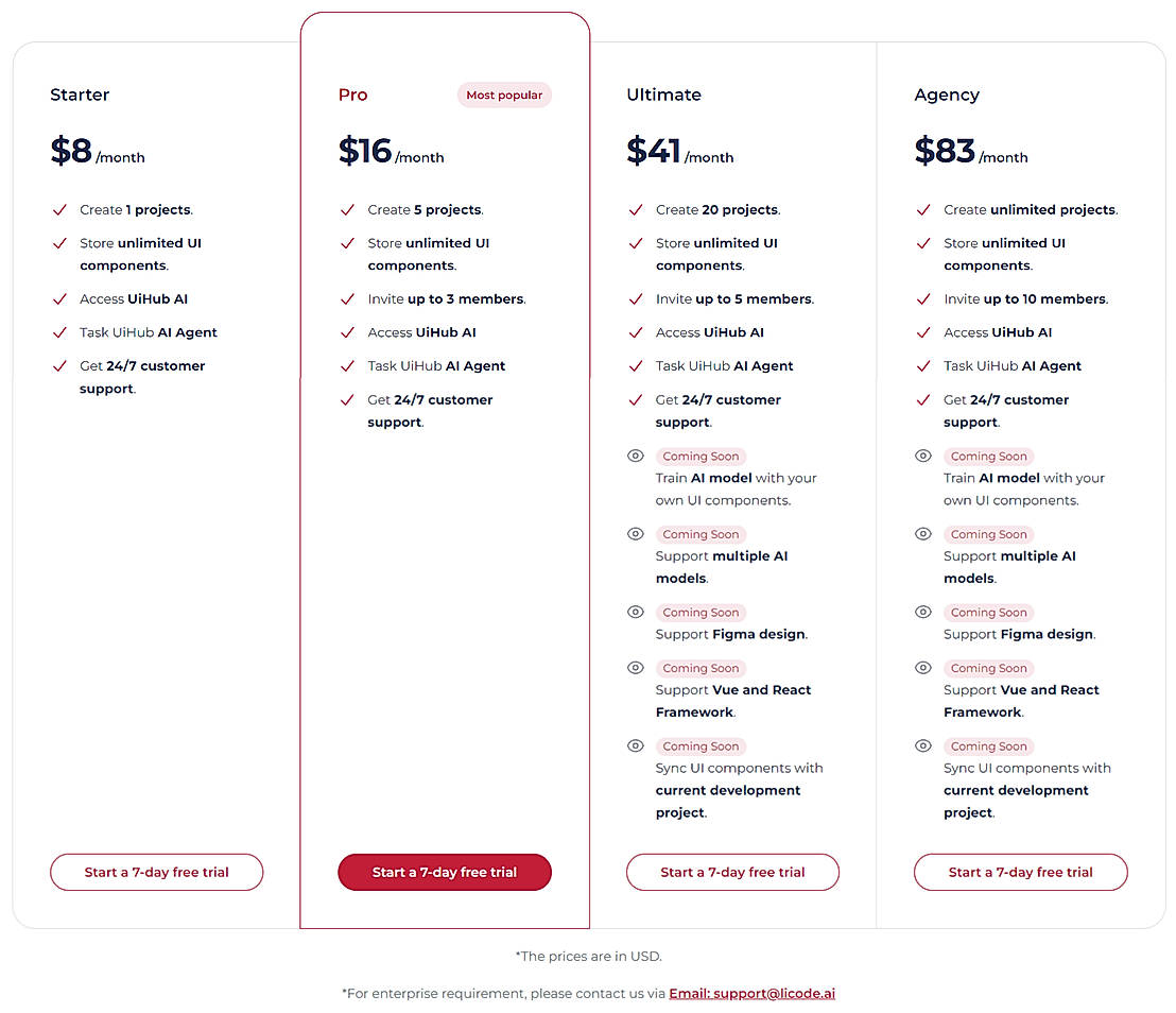 Pricing screenshot