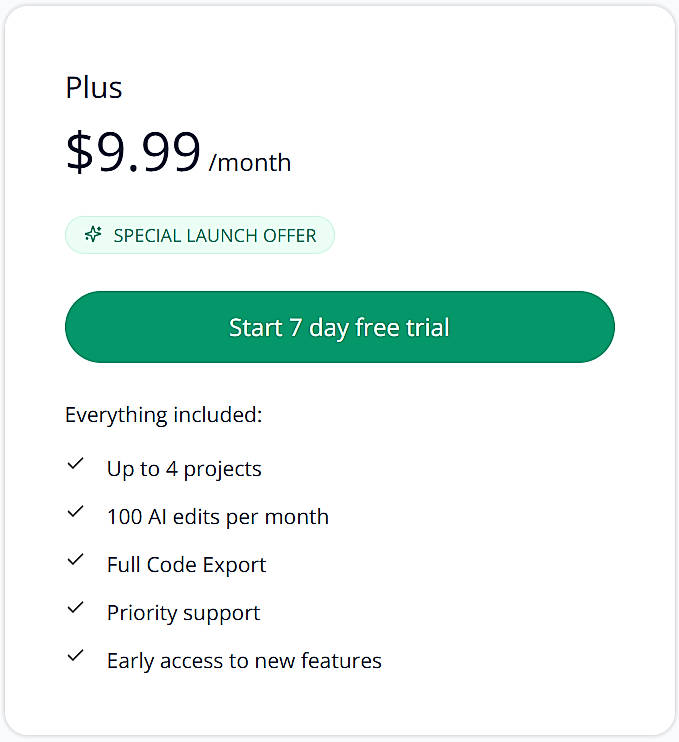 Pricing screenshot