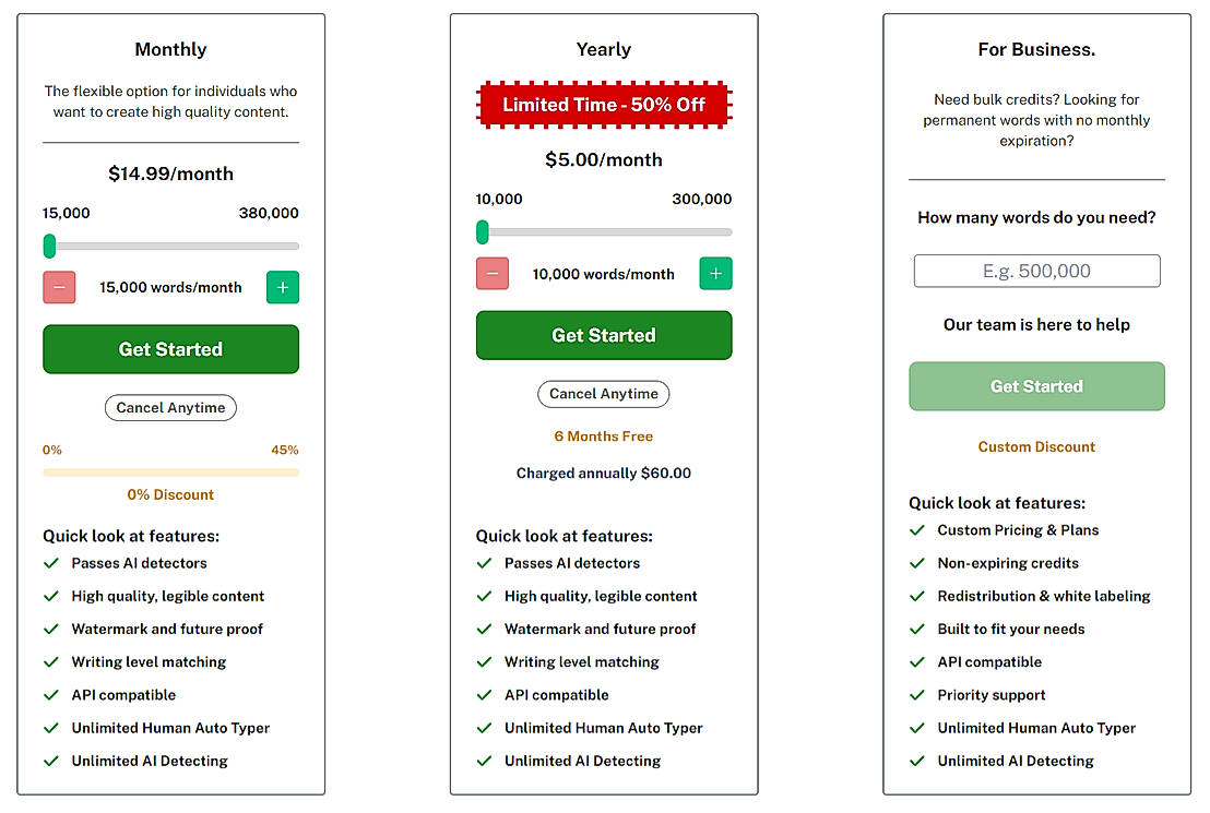 Pricing screenshot