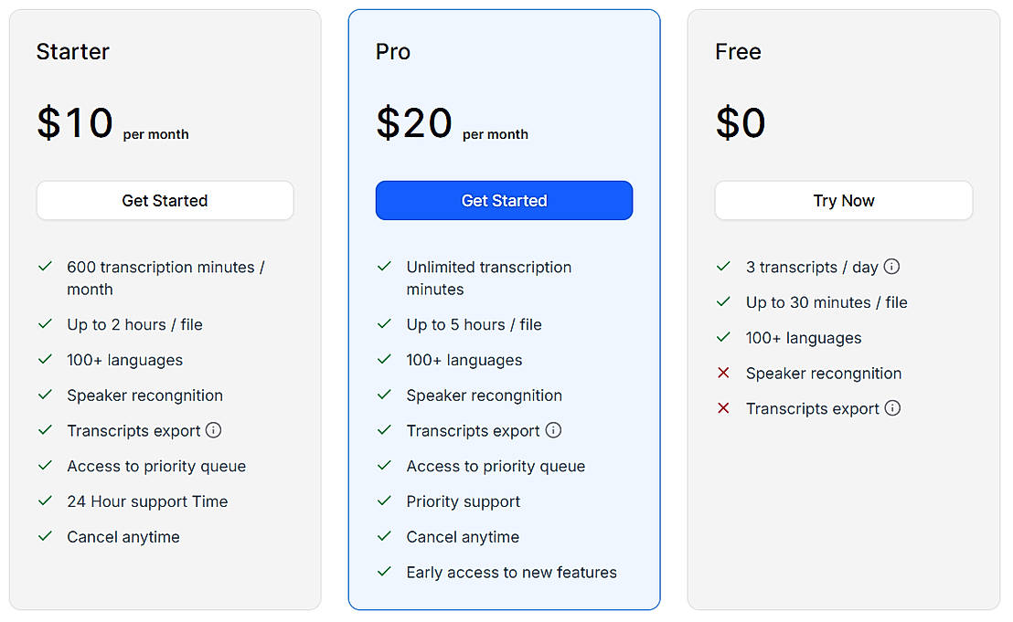 Pricing screenshot