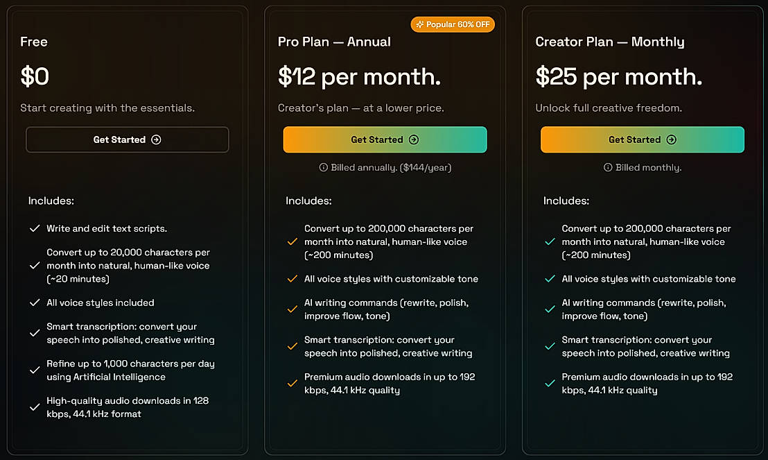 Pricing screenshot