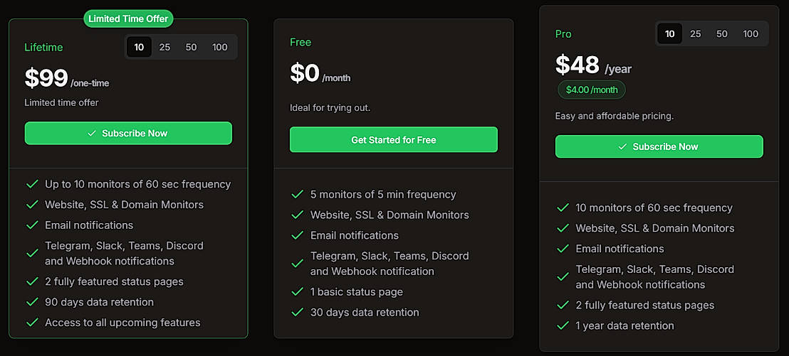 Pricing screenshot