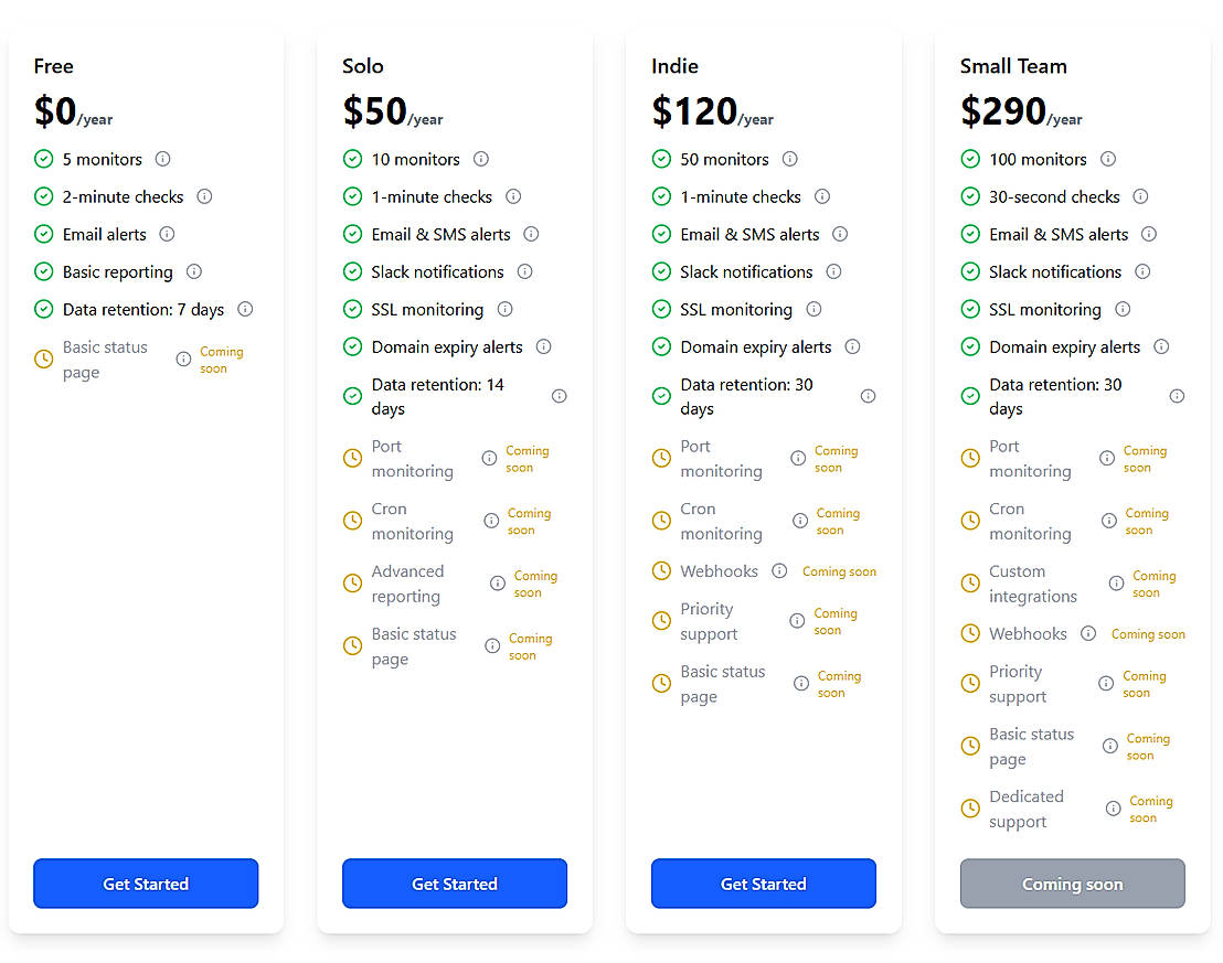 Pricing screenshot