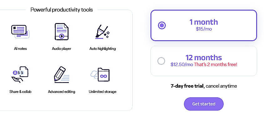 Pricing screenshot