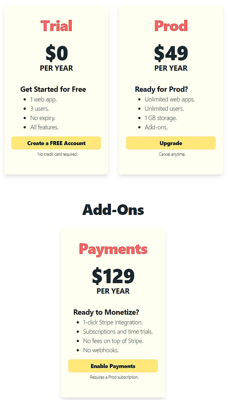 Pricing screenshot