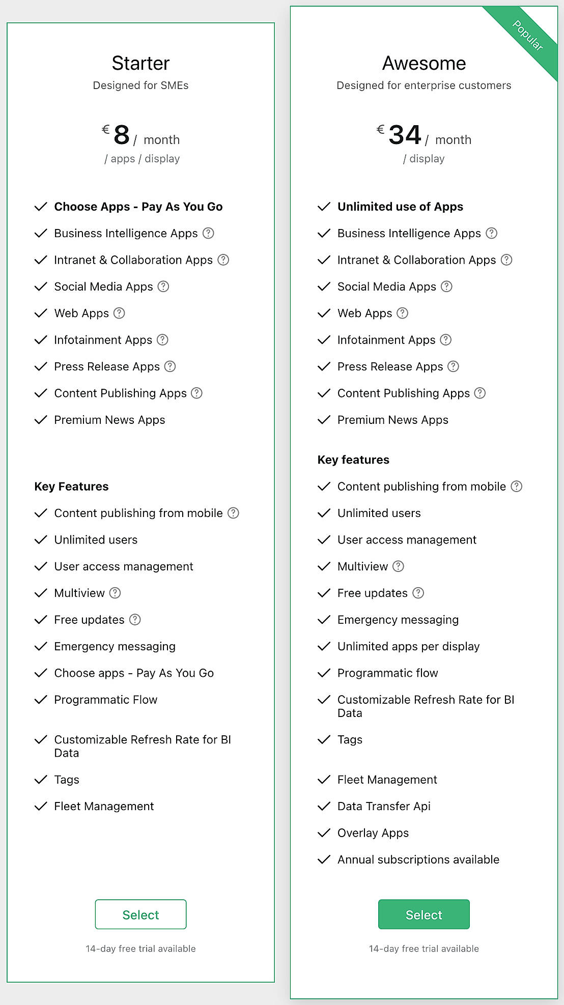 Pricing screenshot