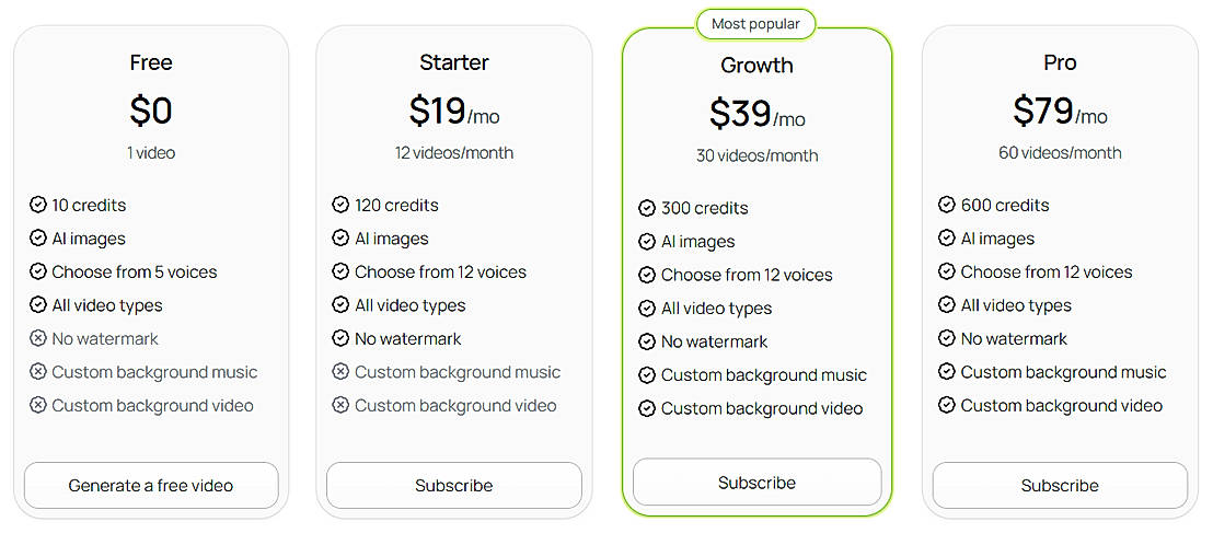 Pricing screenshot