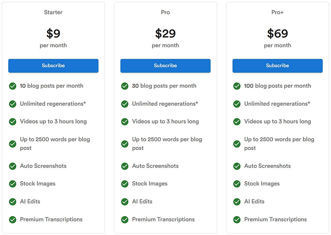Pricing screenshot