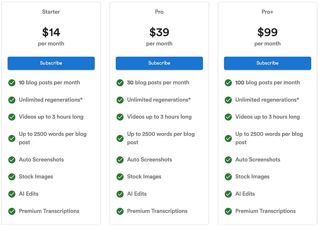 Pricing screenshot