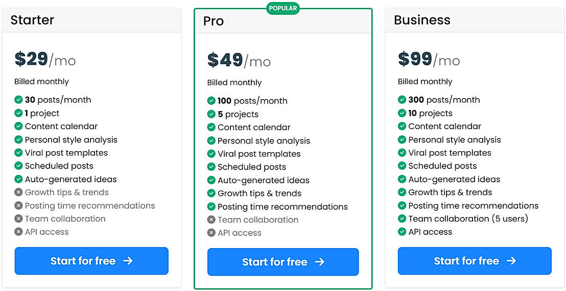 Pricing screenshot