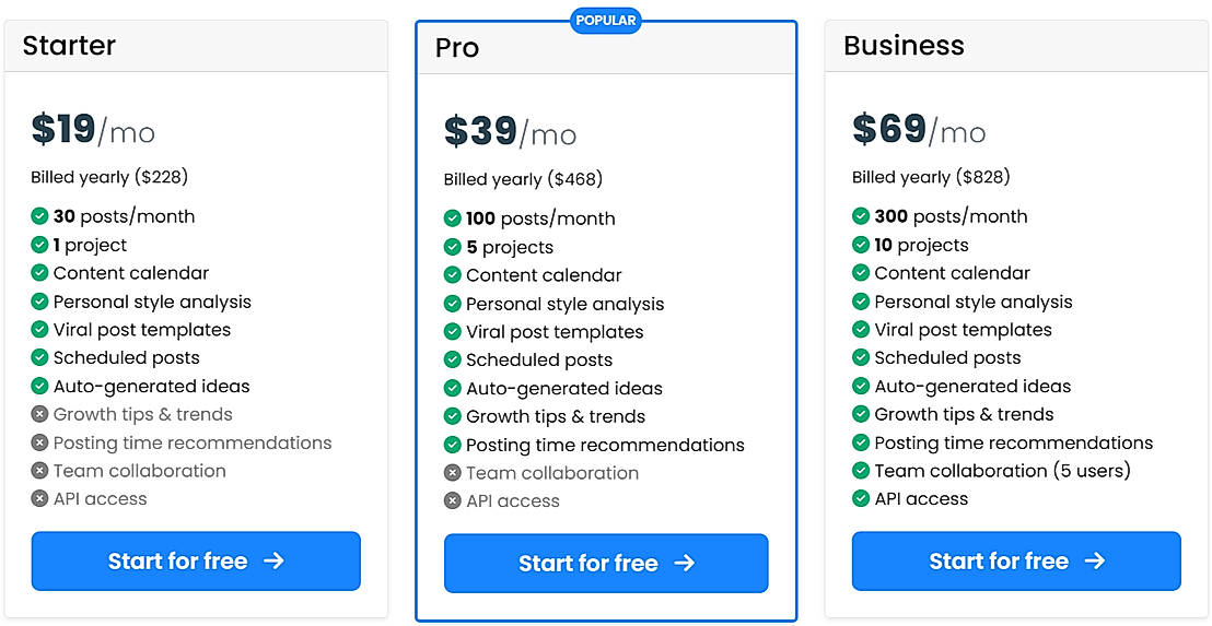 Pricing screenshot