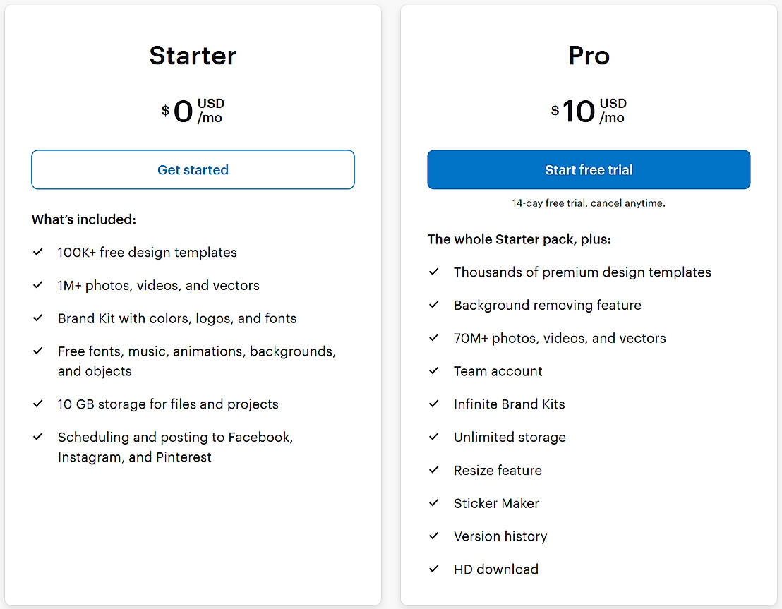 Pricing screenshot