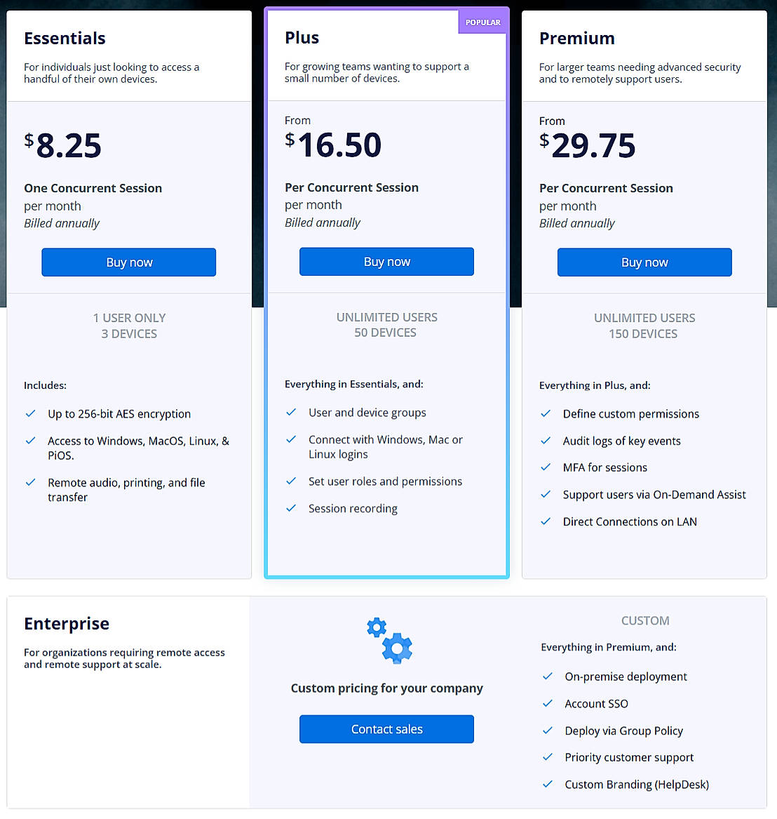 Pricing screenshot