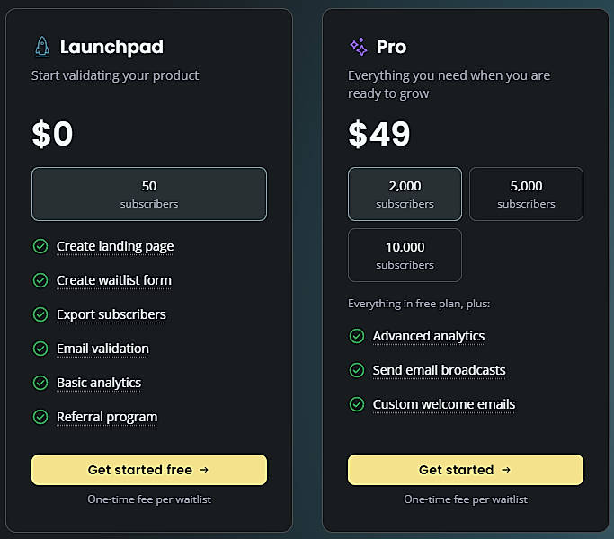 Pricing screenshot