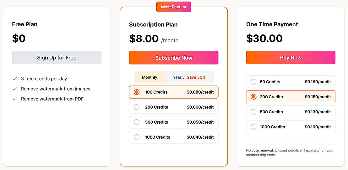 Pricing screenshot