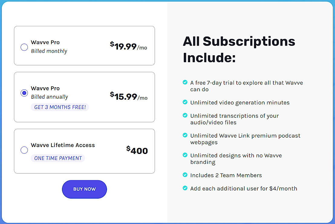 Pricing screenshot