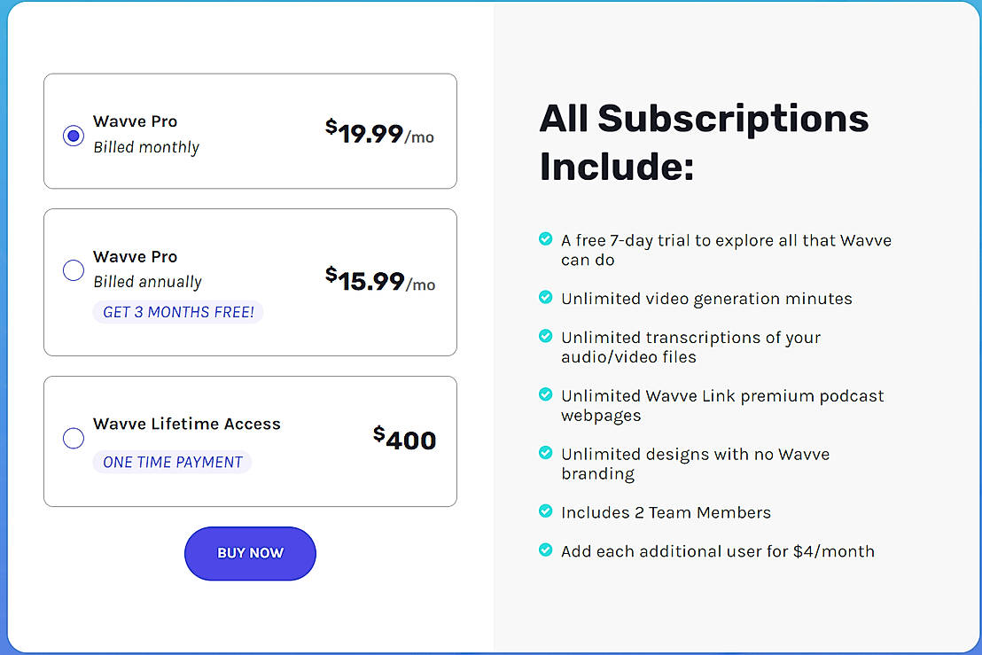 Pricing screenshot