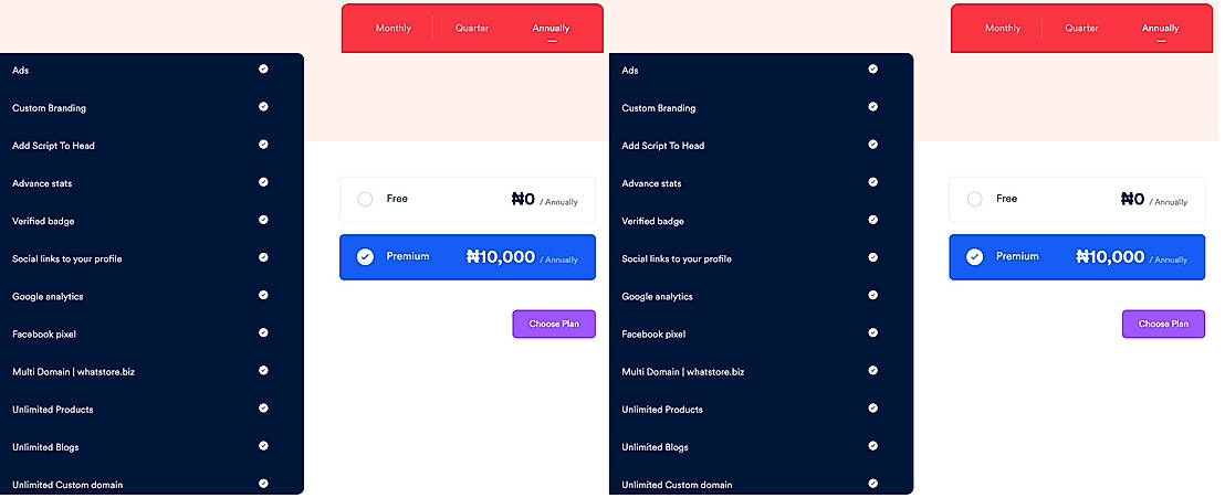 Pricing screenshot