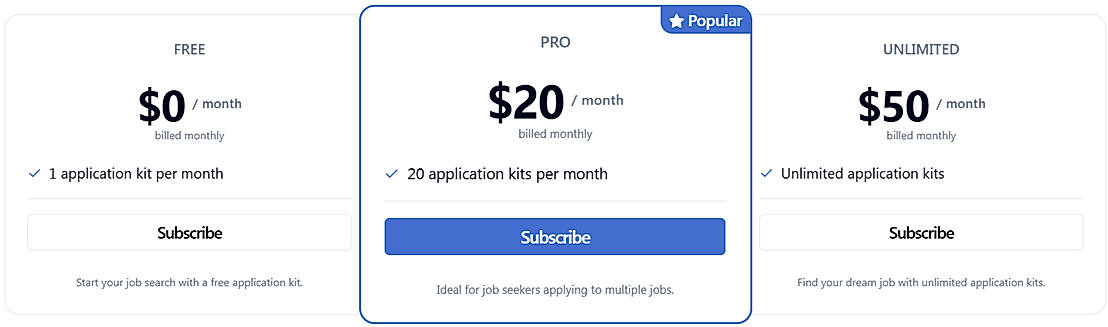 Pricing screenshot