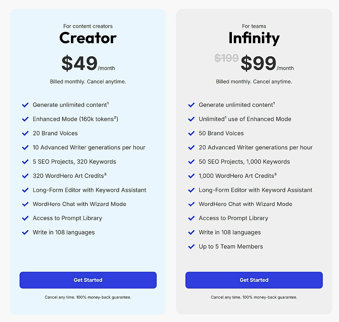 Pricing screenshot