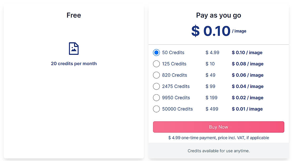 Pricing screenshot