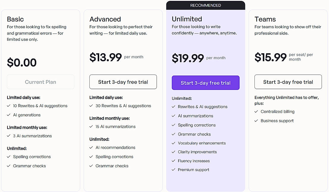 Pricing screenshot