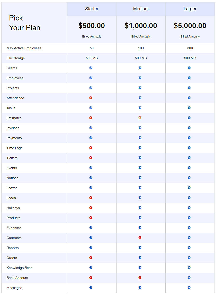 Pricing screenshot