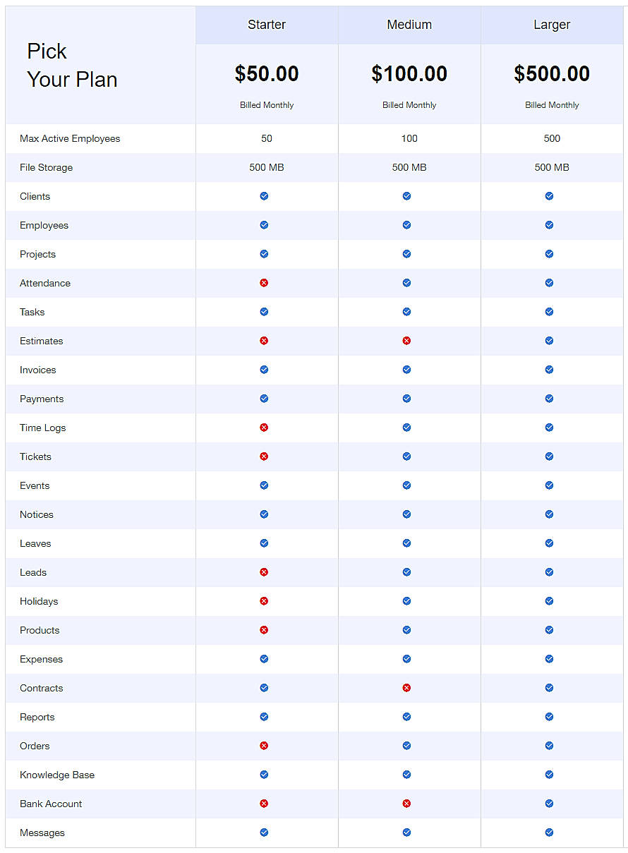 Pricing screenshot