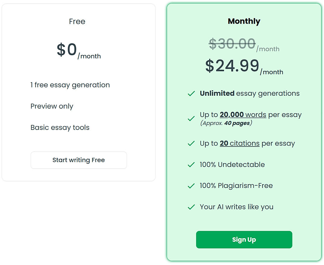 Pricing screenshot