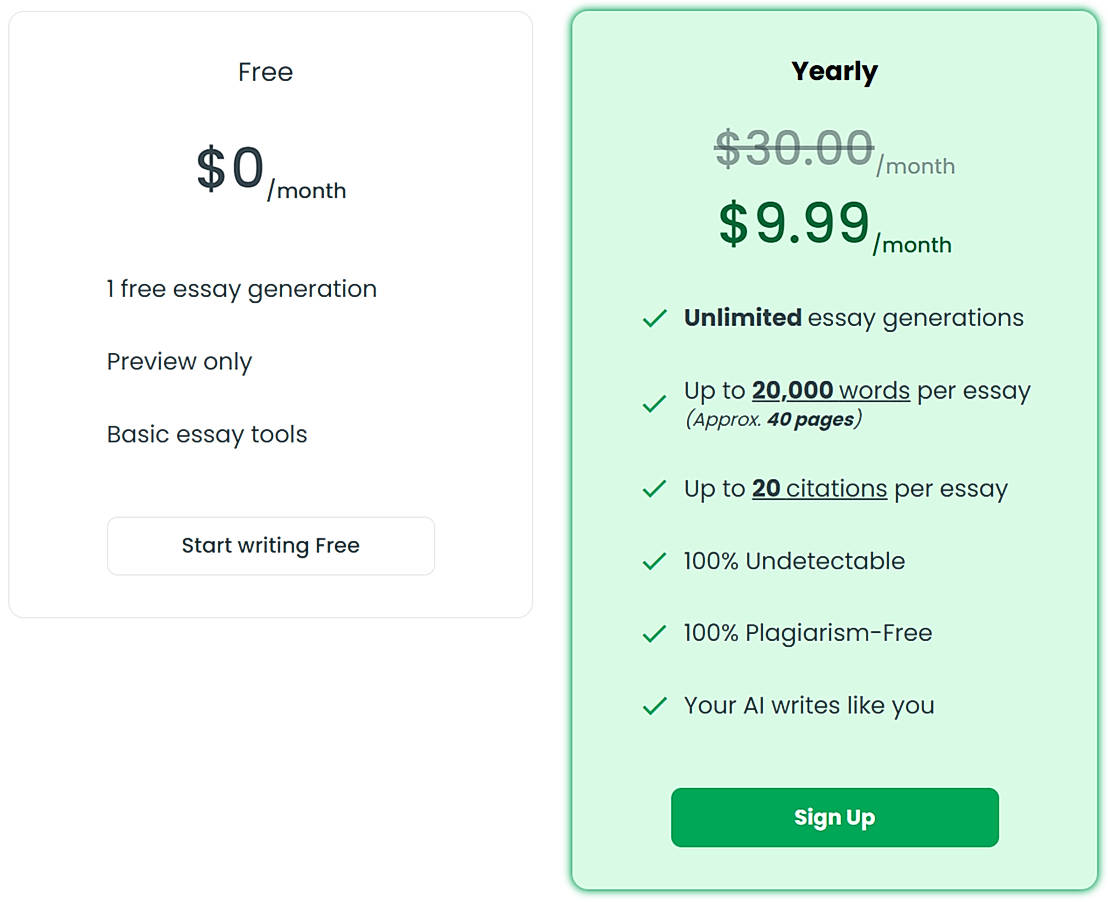 Pricing screenshot