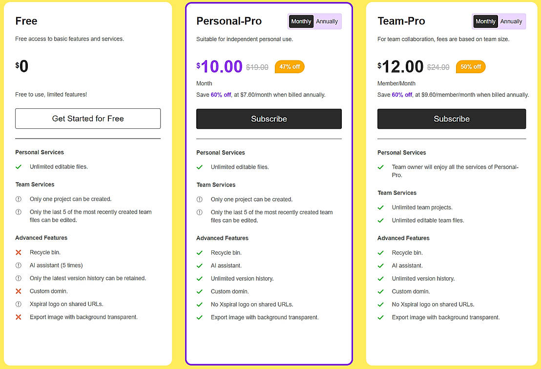 Pricing screenshot