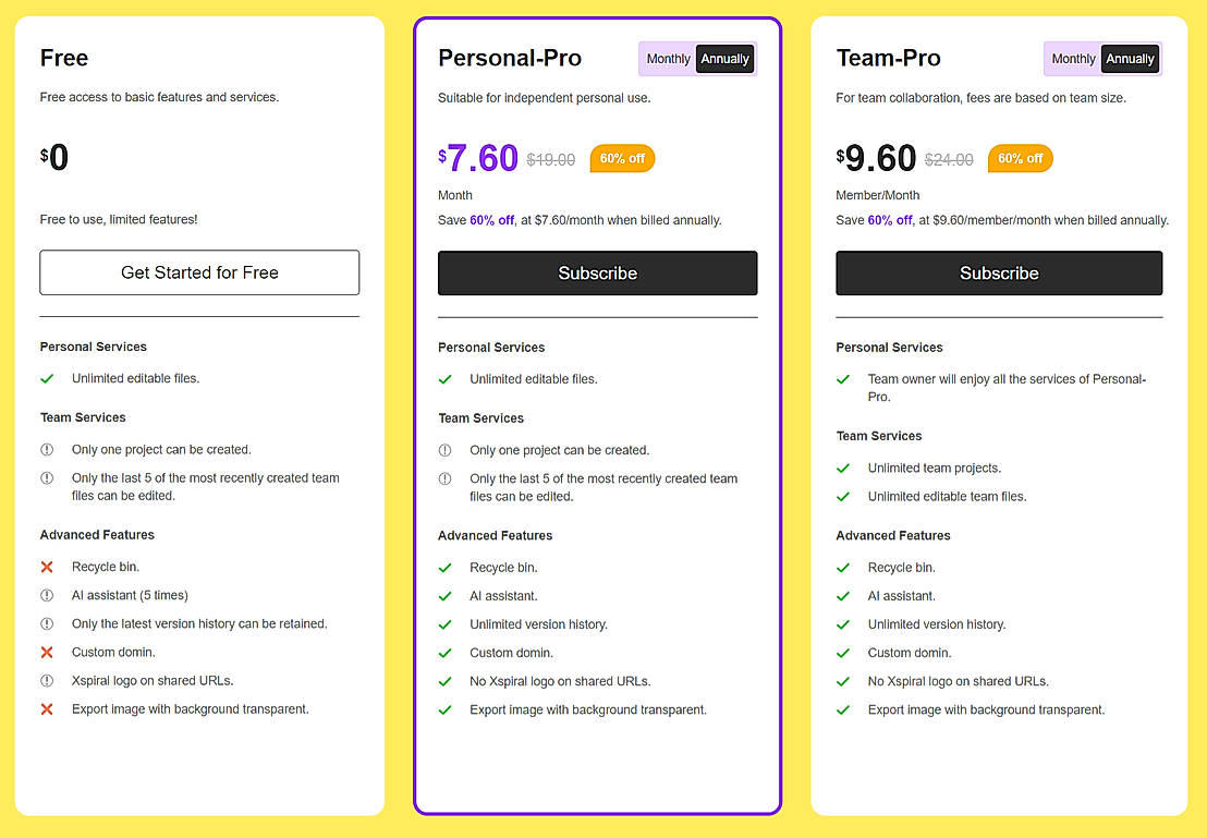 Pricing screenshot