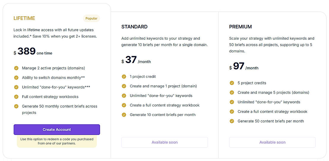 Pricing screenshot