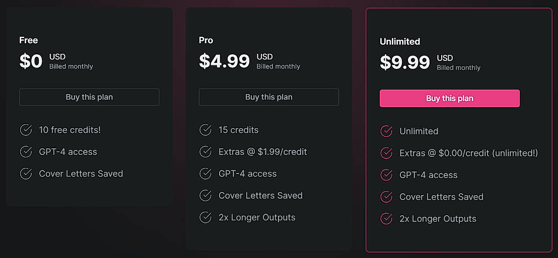 Pricing screenshot