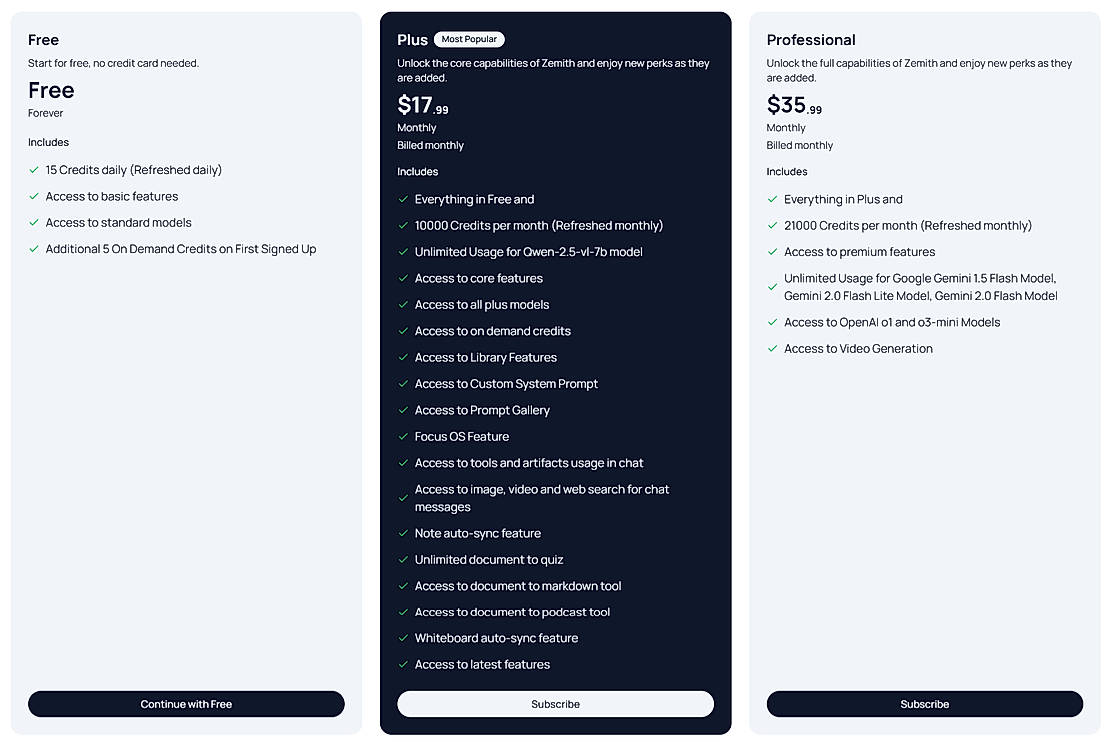 Pricing screenshot