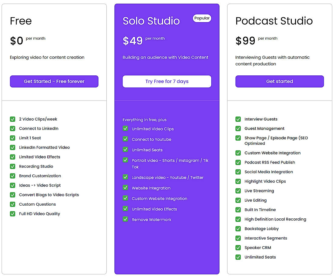 Pricing screenshot