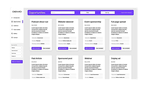 Create a database of opportunities that can be browsed and filtered