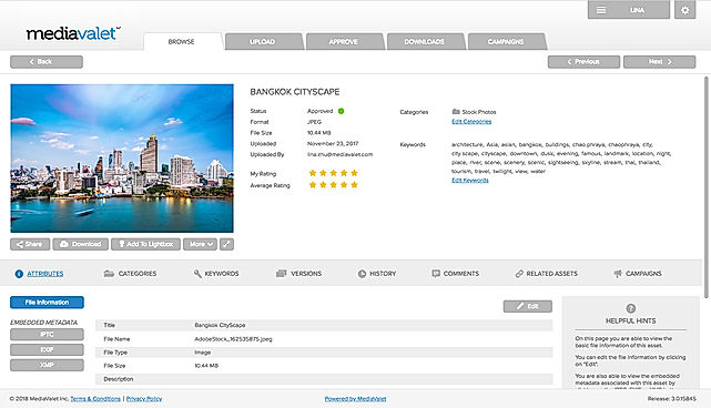 MediaValet screenshot: With the detailed view, you can see additional information about your asset, give star ratings, add keywords and more.