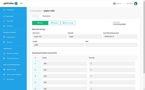 optiCutter : Parameter screenshot