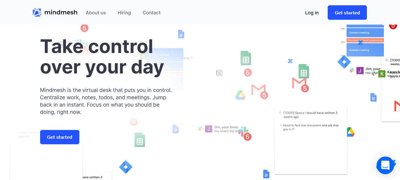Mindmesh product homepage screenshot showing the virtual desk interface