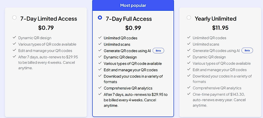 Pricing screenshot