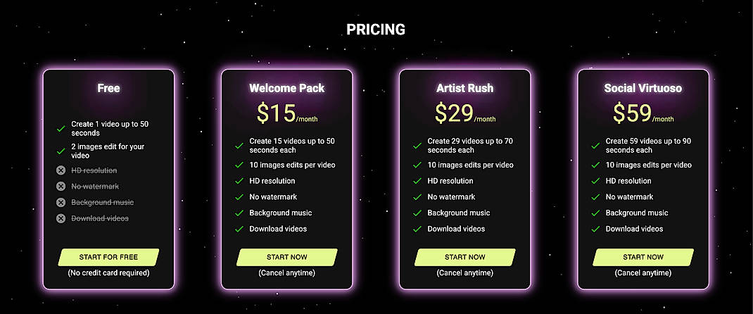 Pricing screenshot