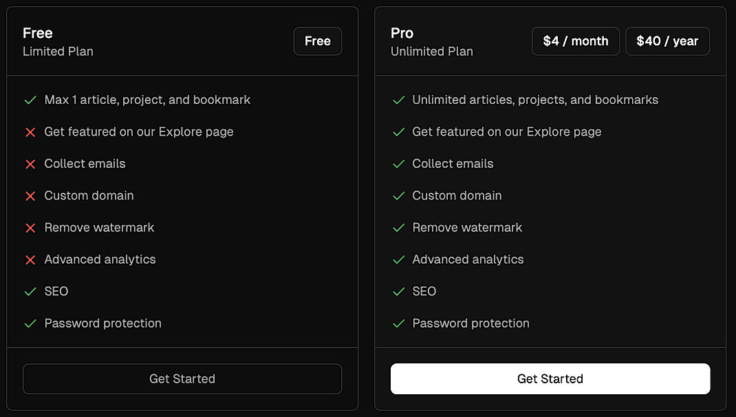 Pricing screenshot