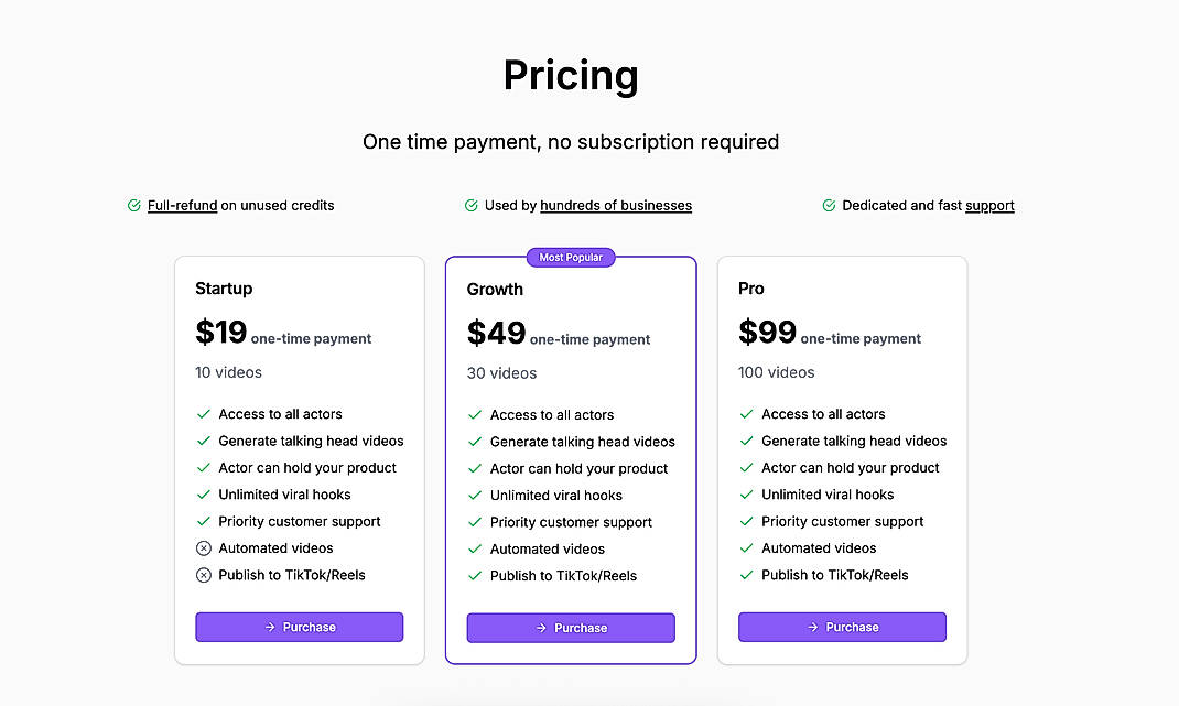Pricing screenshot