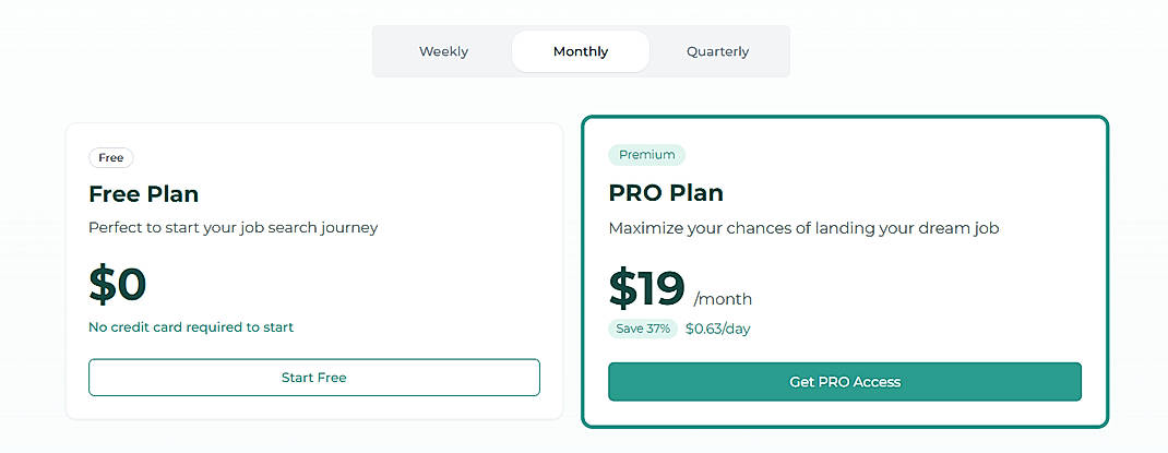 Pricing screenshot