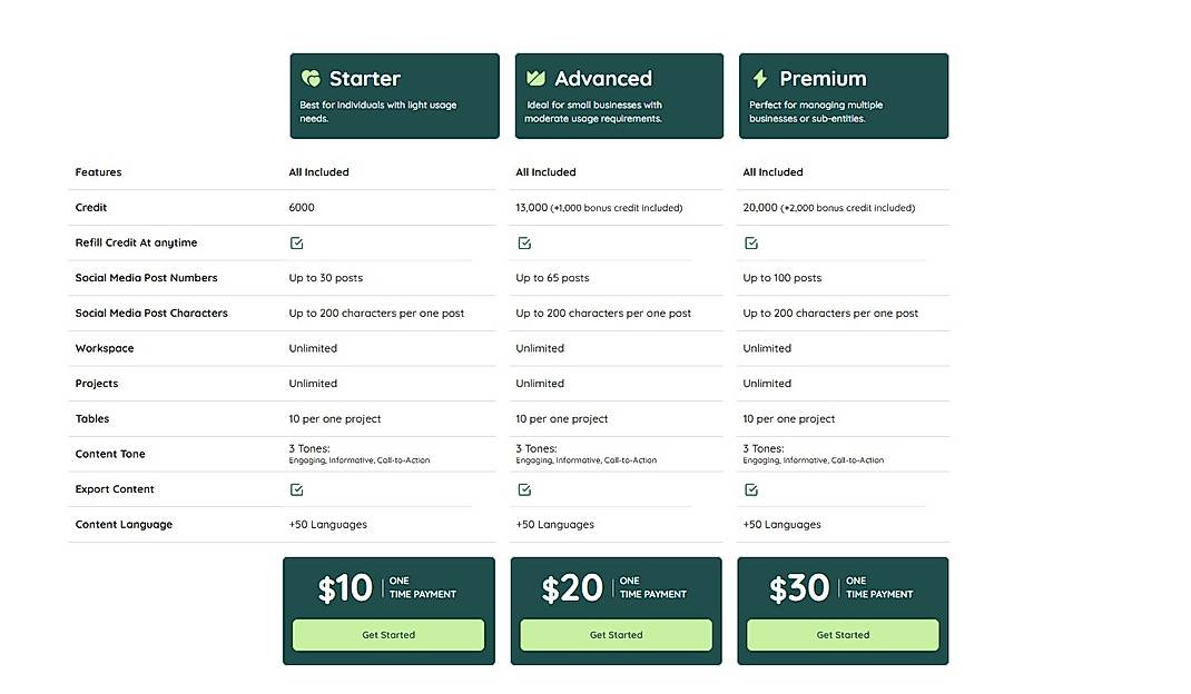 Pricing screenshot