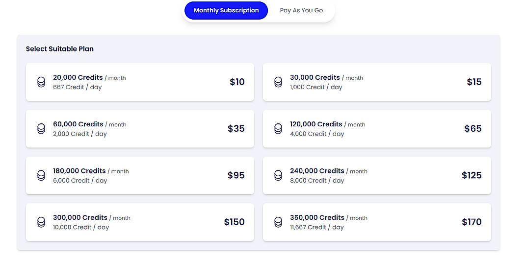 Pricing screenshot