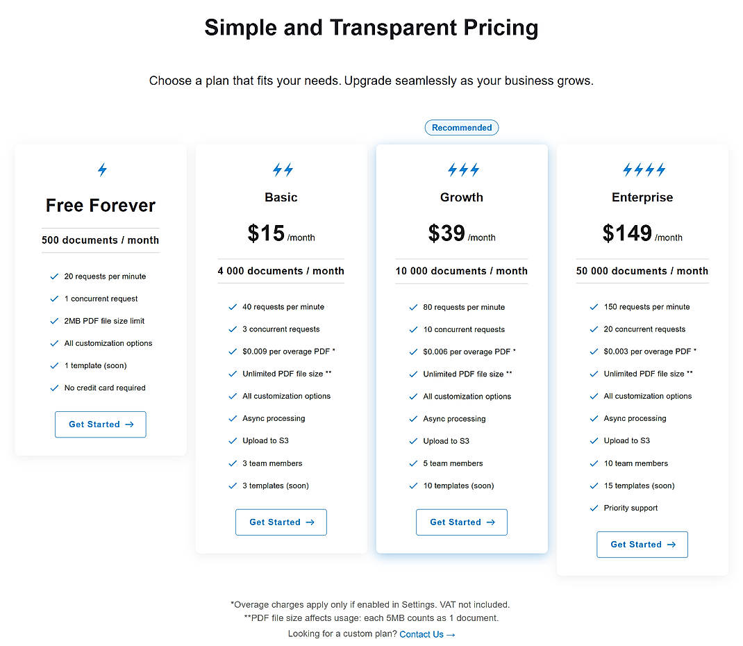 Pricing screenshot